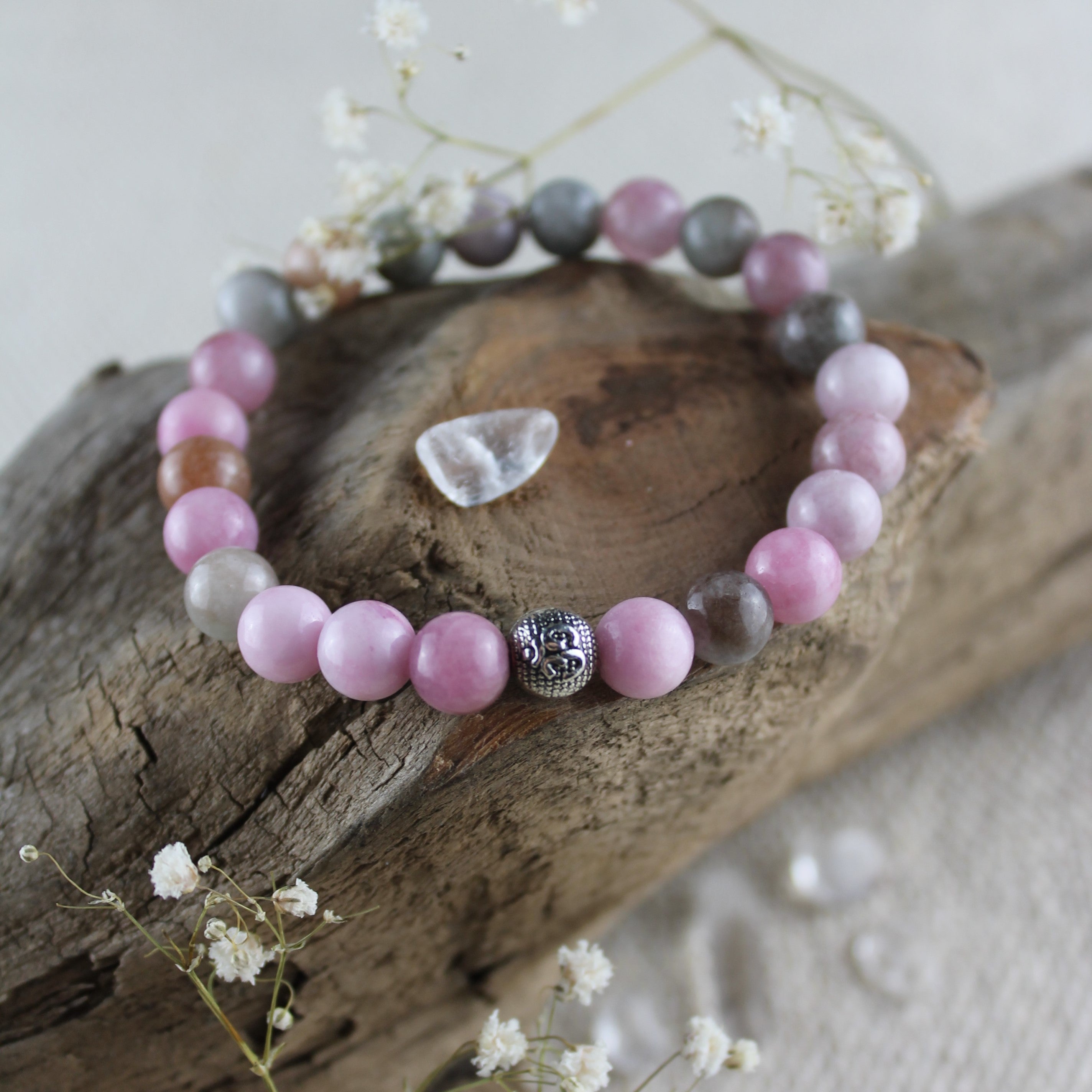 Rosa Jade Edelsteinarmband Om silberfarben