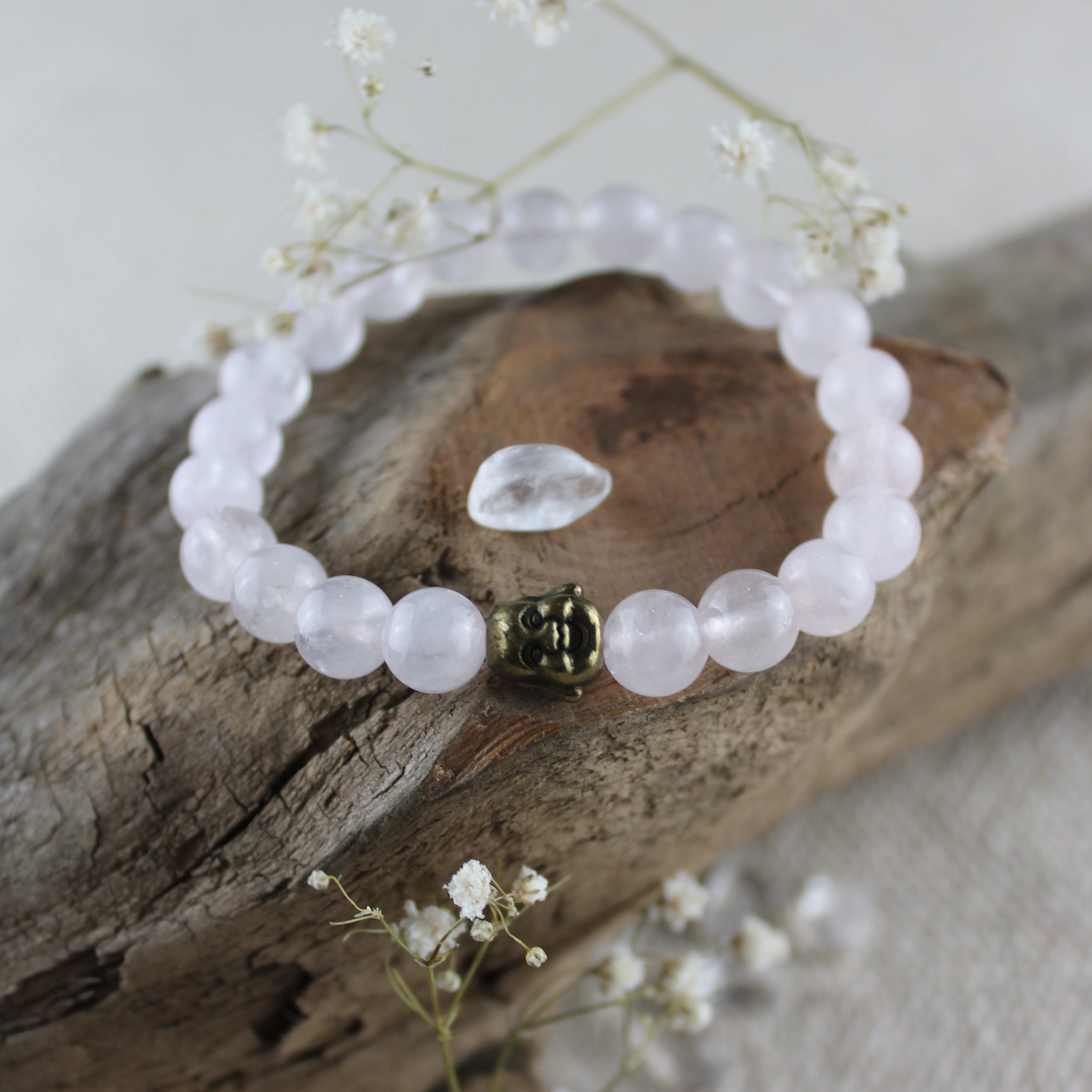 Rosenquarz Edelsteinarmband mit Hotei goldfarben