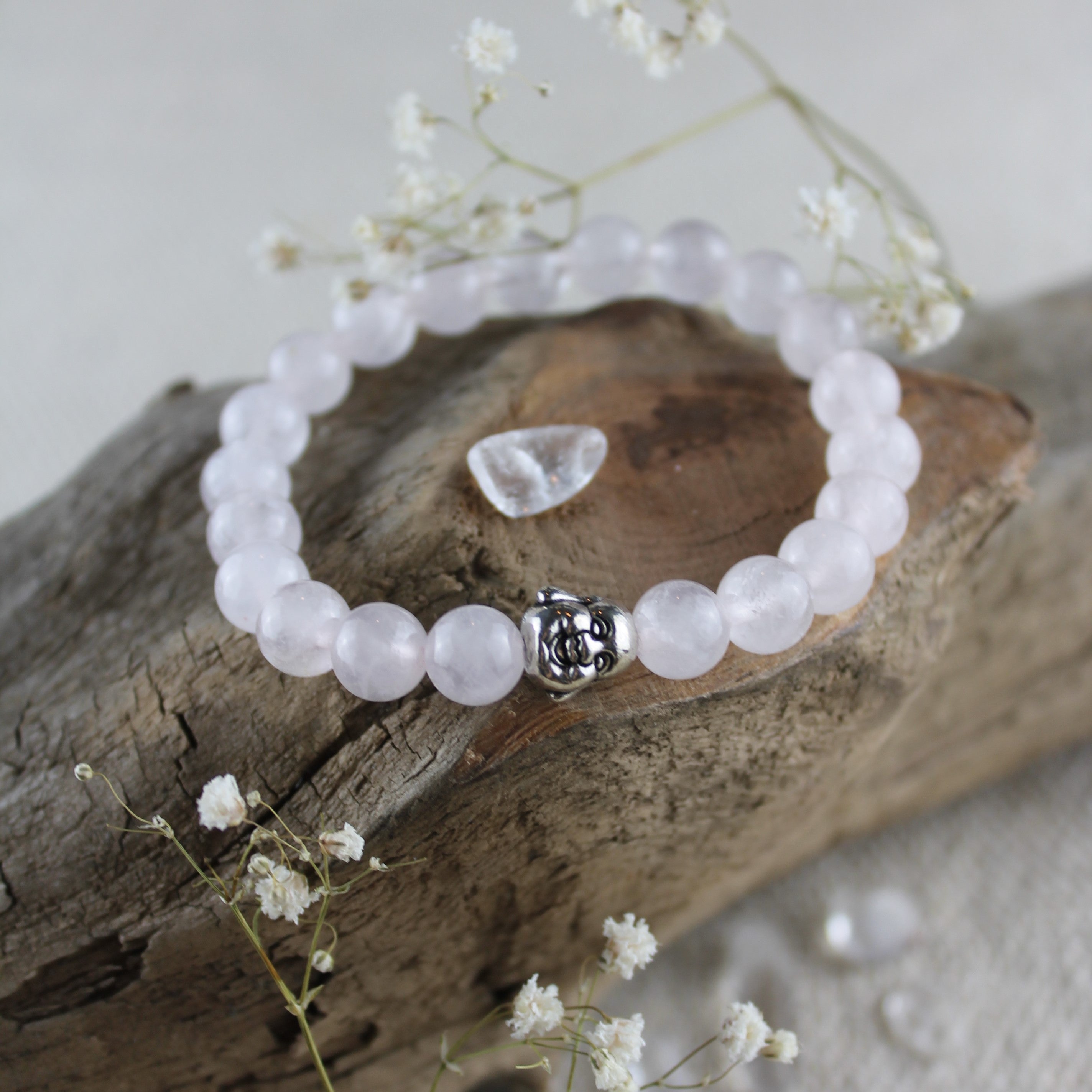 Rosenquarz Edelsteinarmband mit Hotei silberfarben