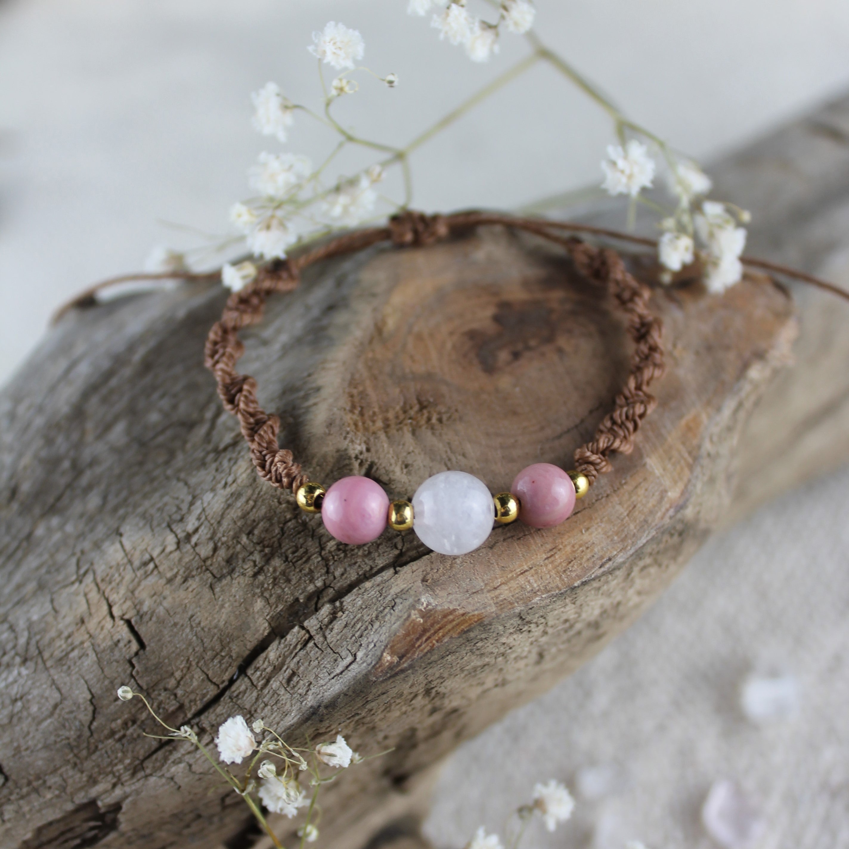 Rosenquarz mit Jade Edelsteinarmband Makramee goldfarben