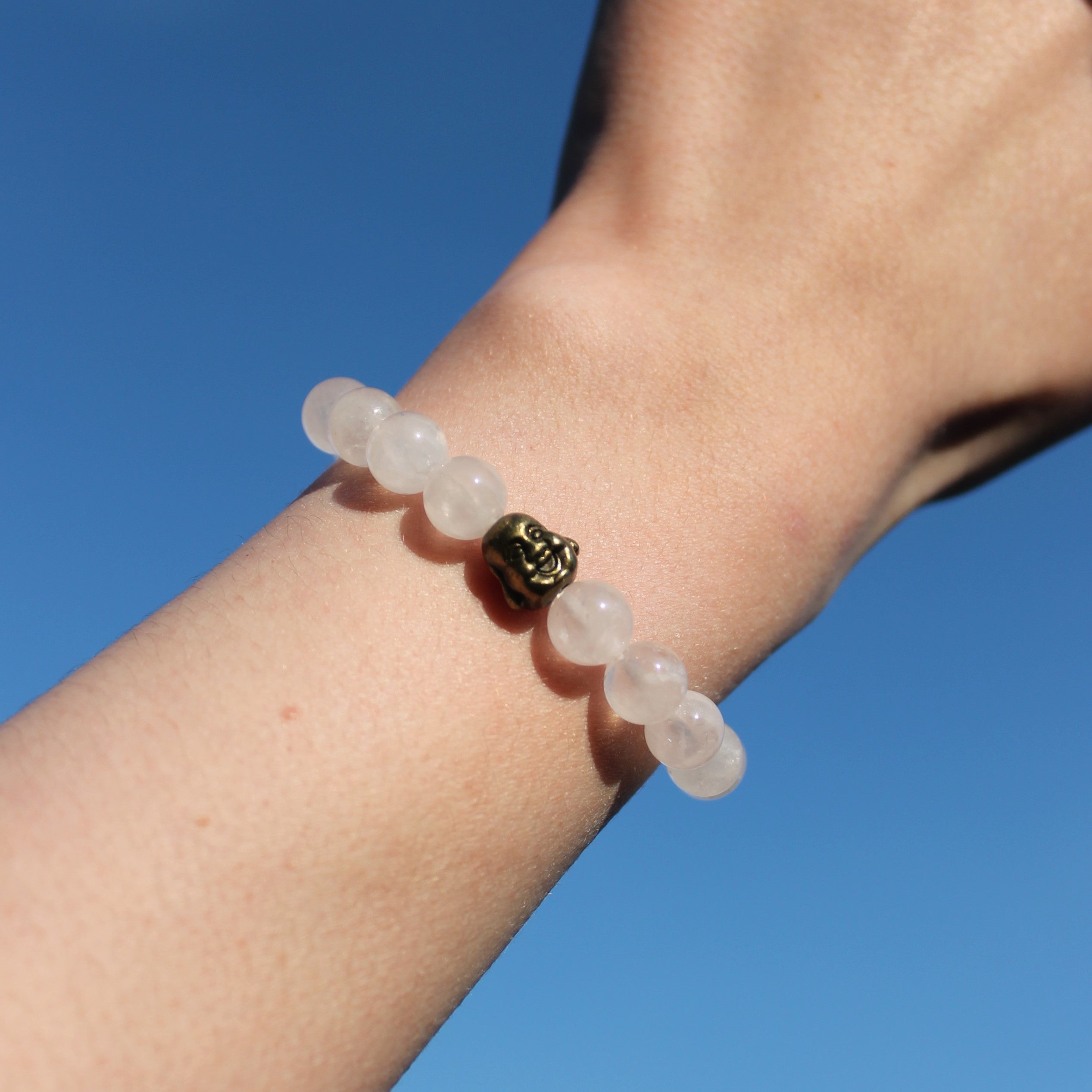 Rosenquarz Edelsteinarmband mit Hotei goldfarben