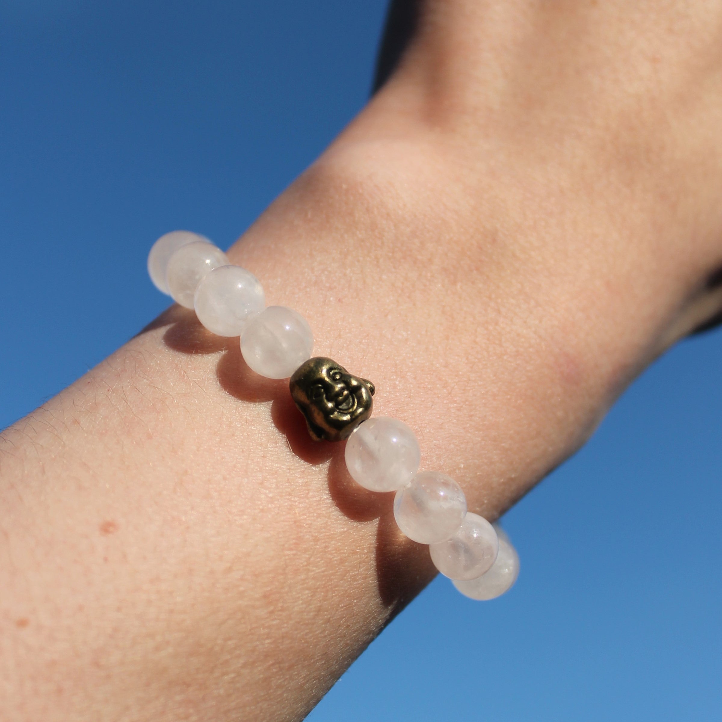 Rosenquarz Edelsteinarmband mit Hotei goldfarben