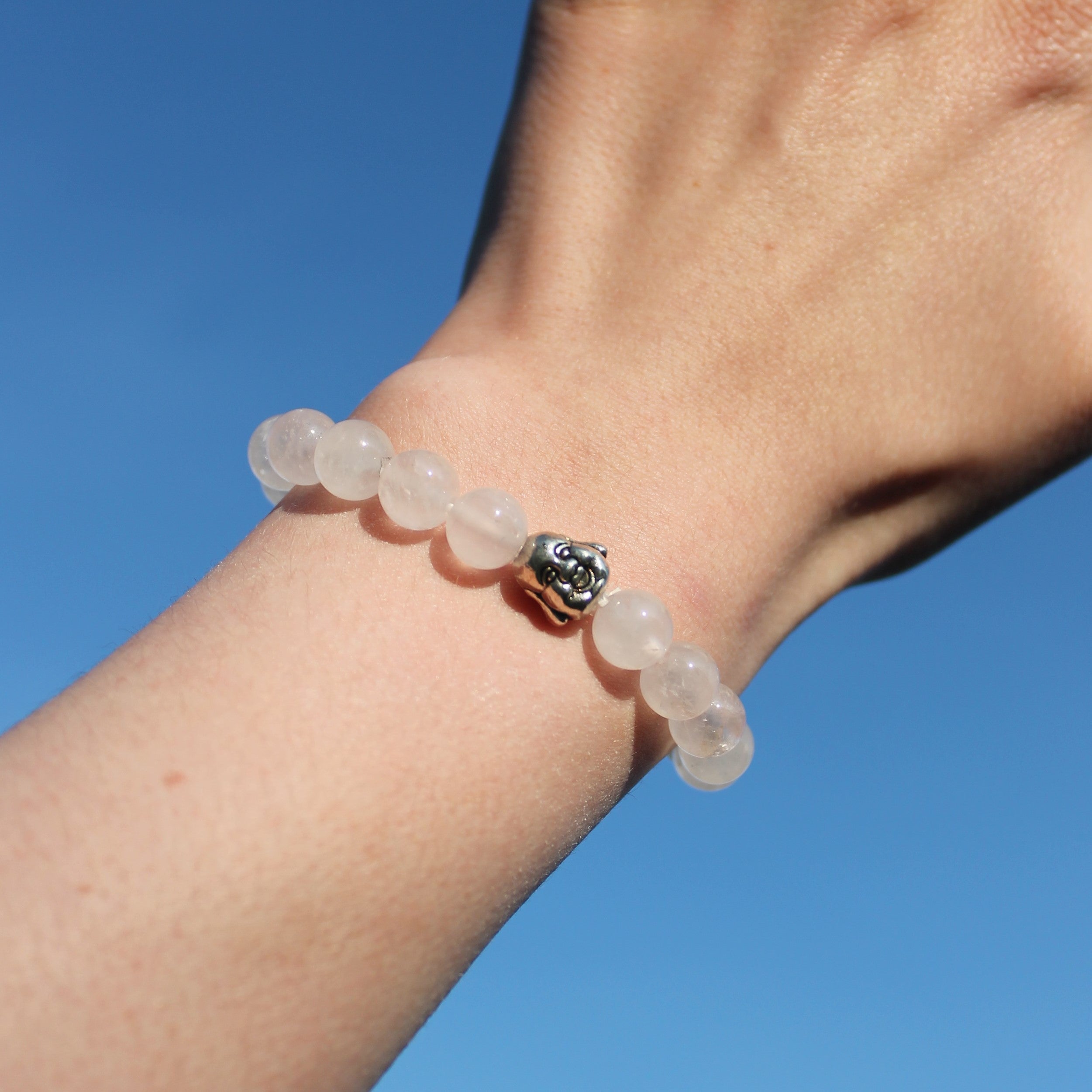 Rosenquarz Edelsteinarmband mit Hotei silberfarben