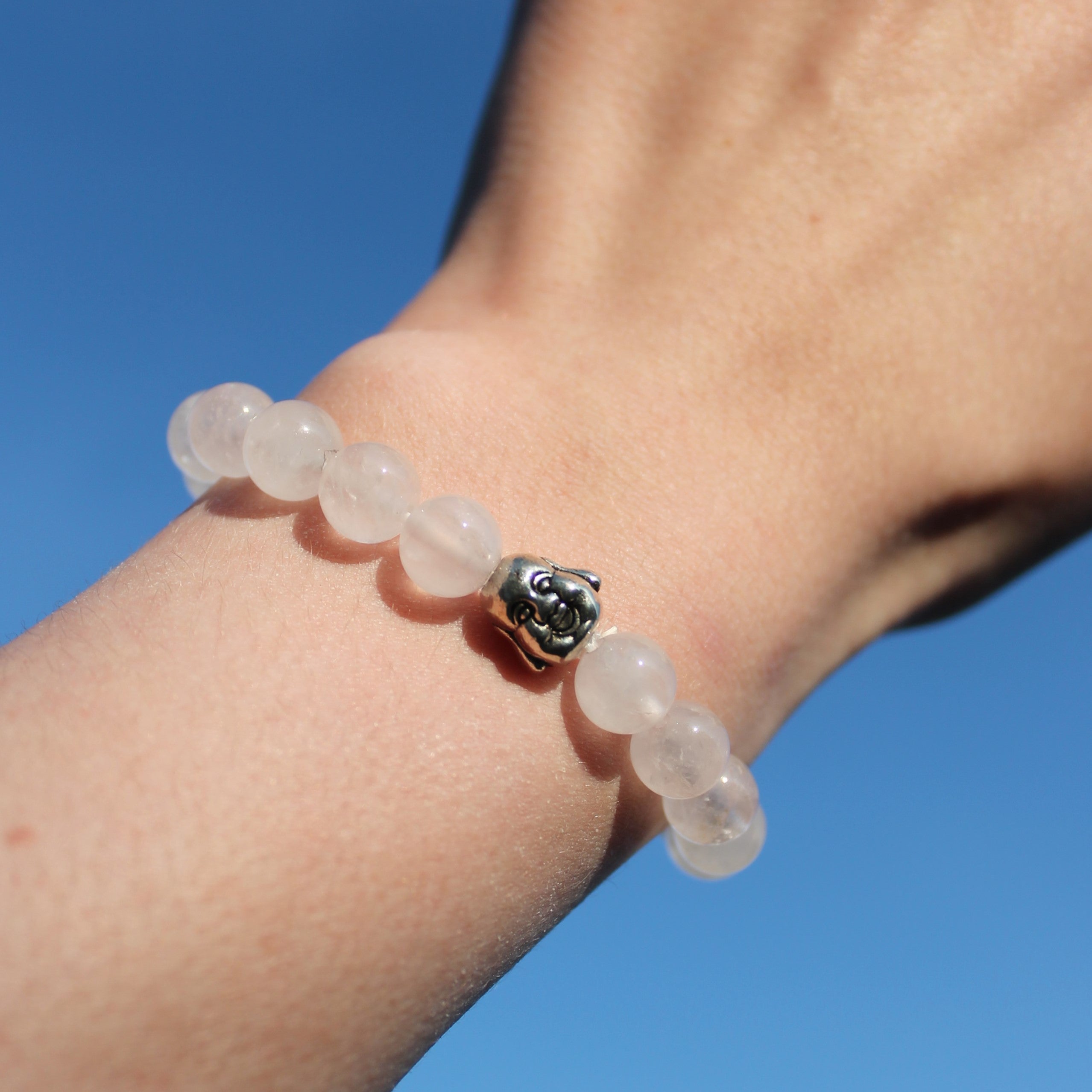 Rosenquarz Edelsteinarmband mit Hotei silberfarben