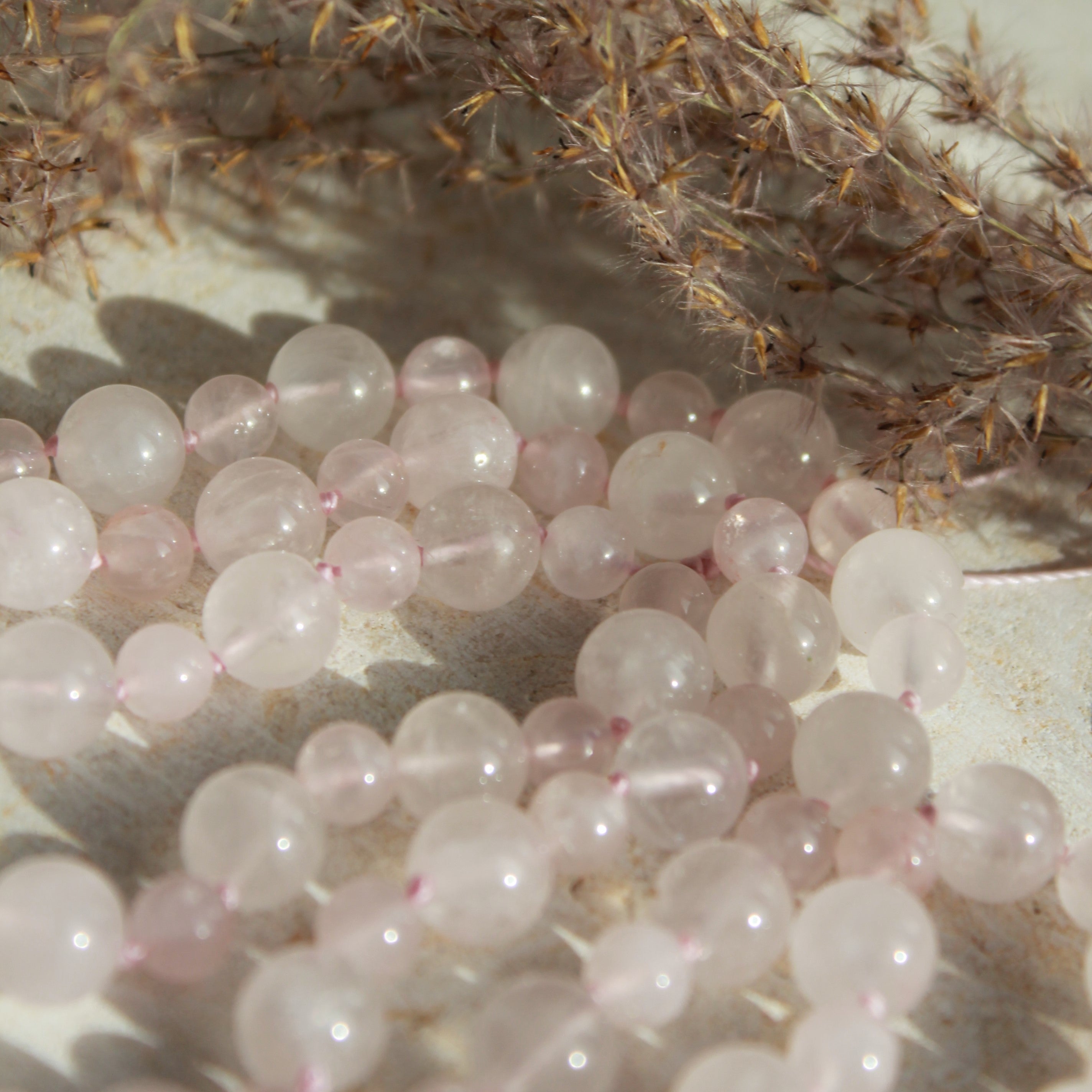 Rosenquarz Mala silberfarben