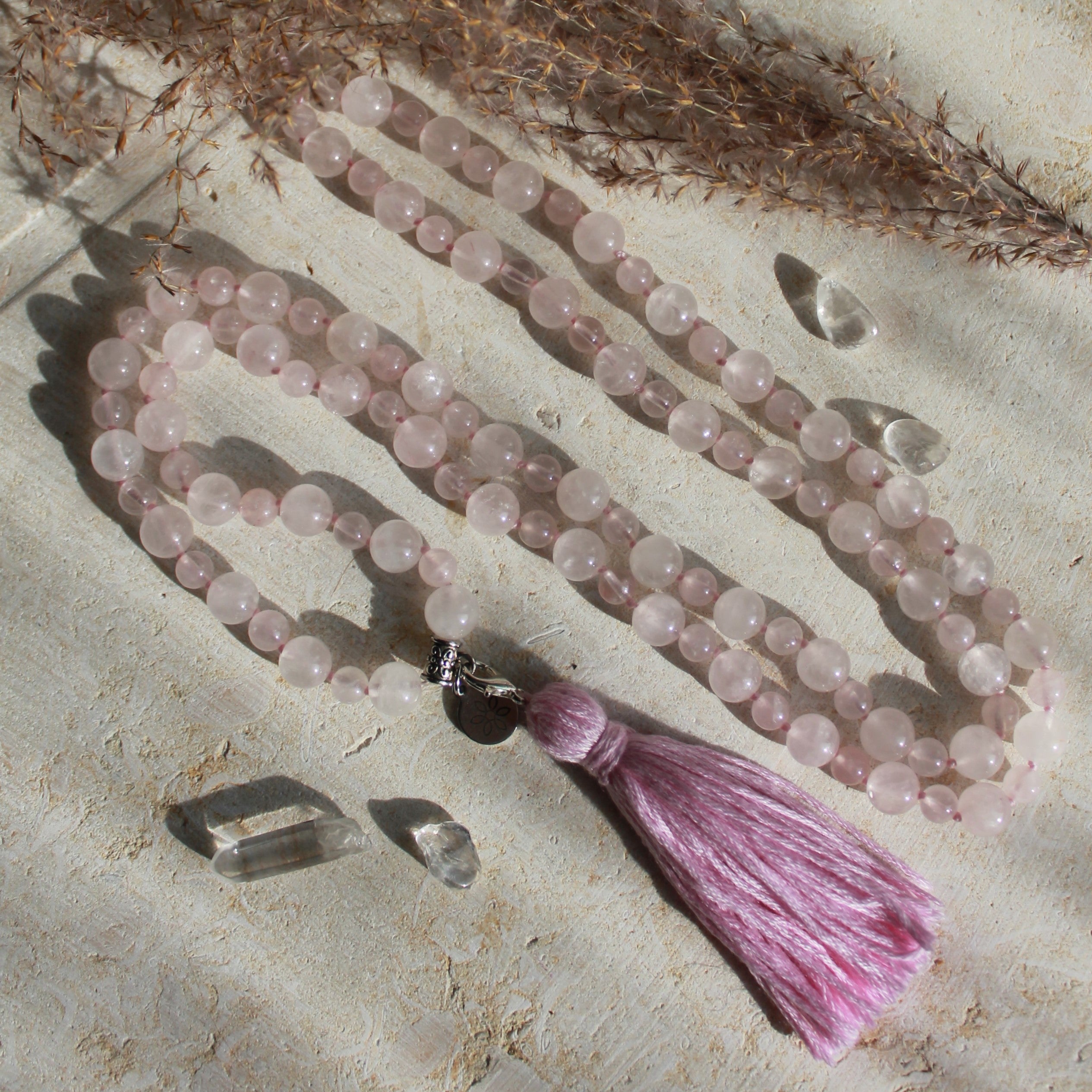 Rosenquarz Mala silberfarben