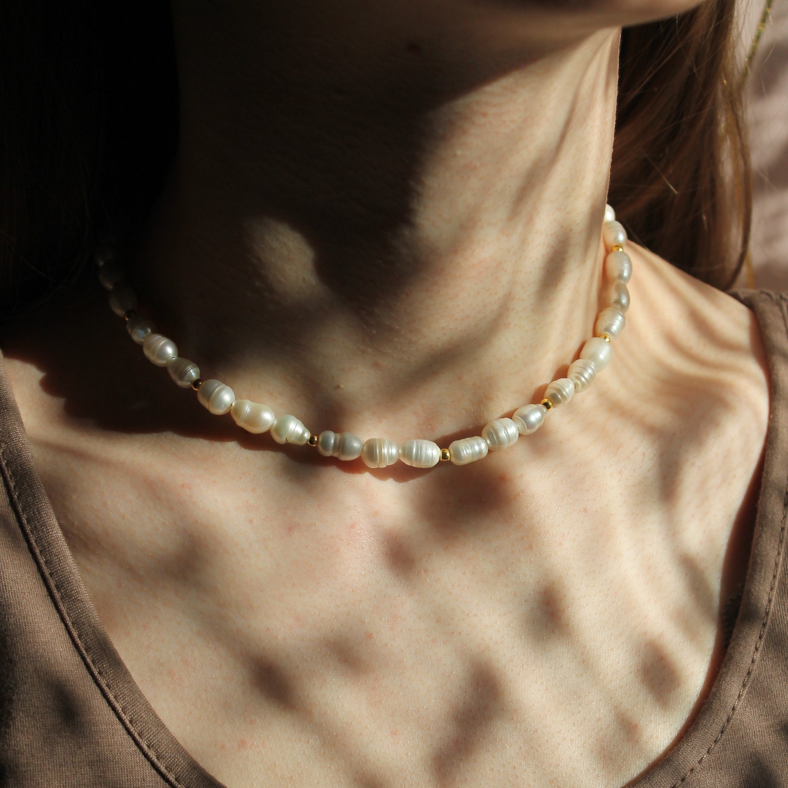 Süßwasserperlen Choker Kette mit Hämatit goldfarben