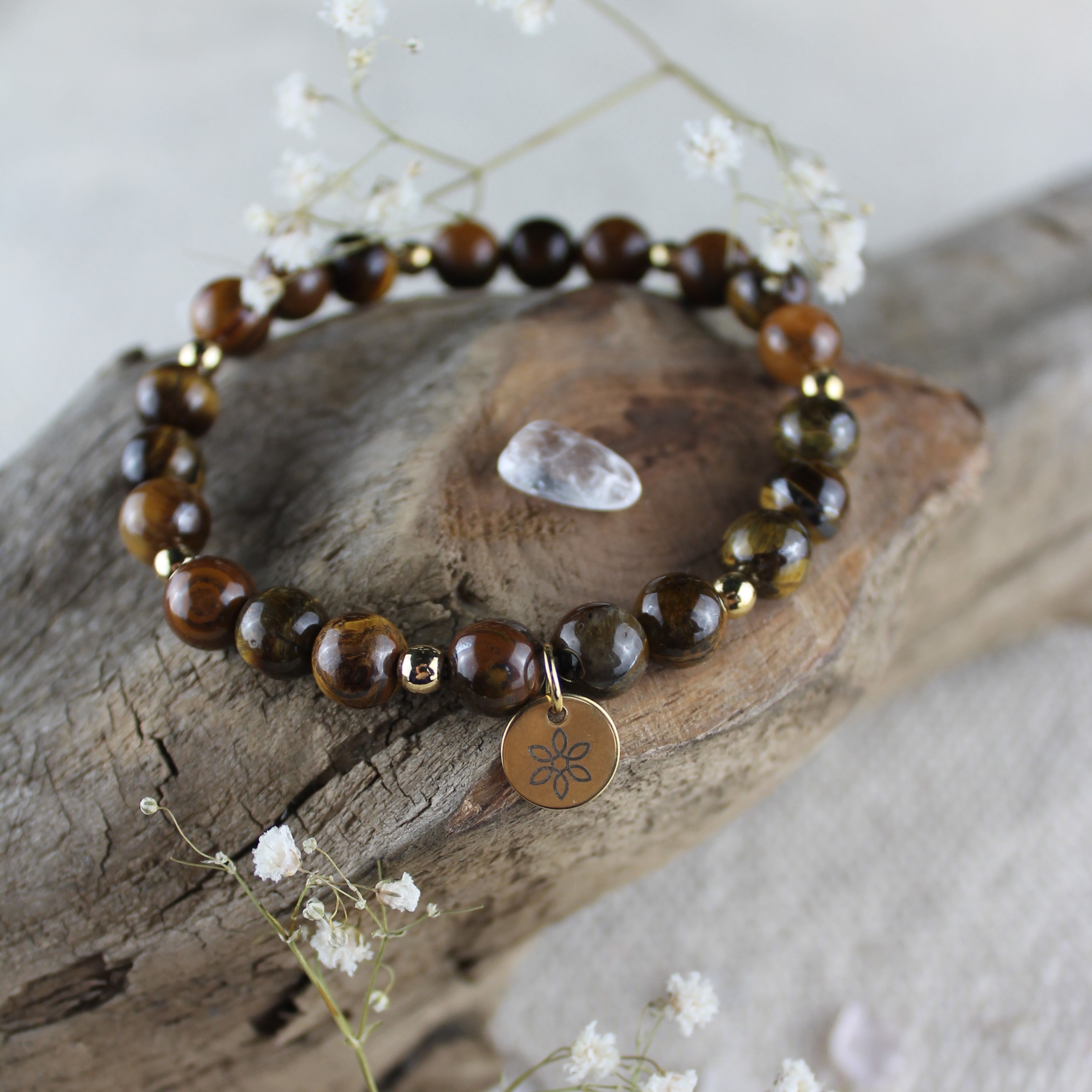 Tigerauge Edelsteinarmband mit Hämatit goldfarben