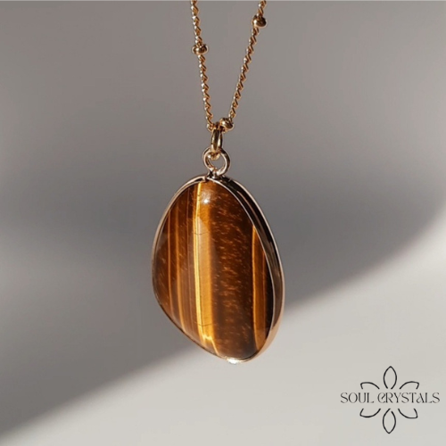 Tigerauge groß Edelsteinanhänger Kette goldfarben