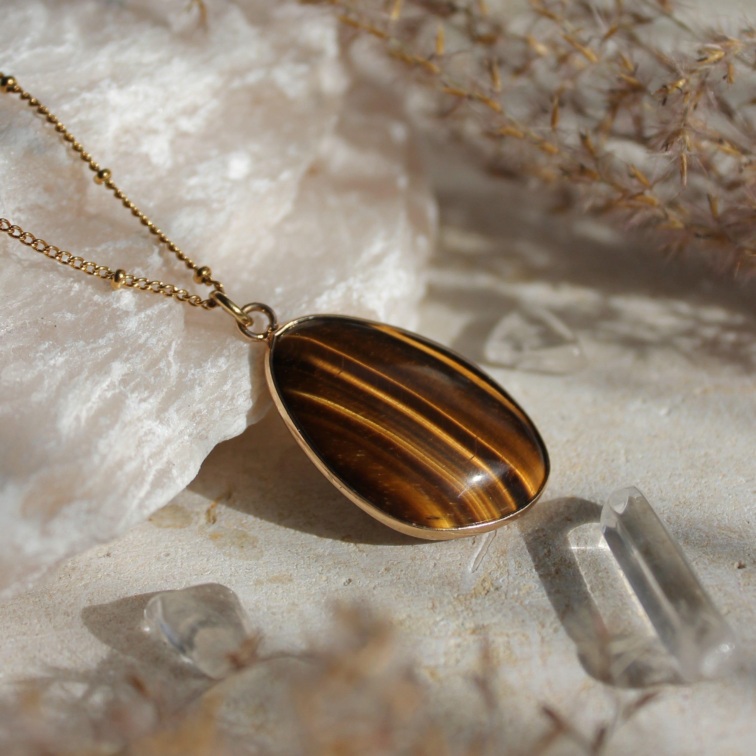 Tigerauge groß Edelsteinanhänger Kette goldfarben