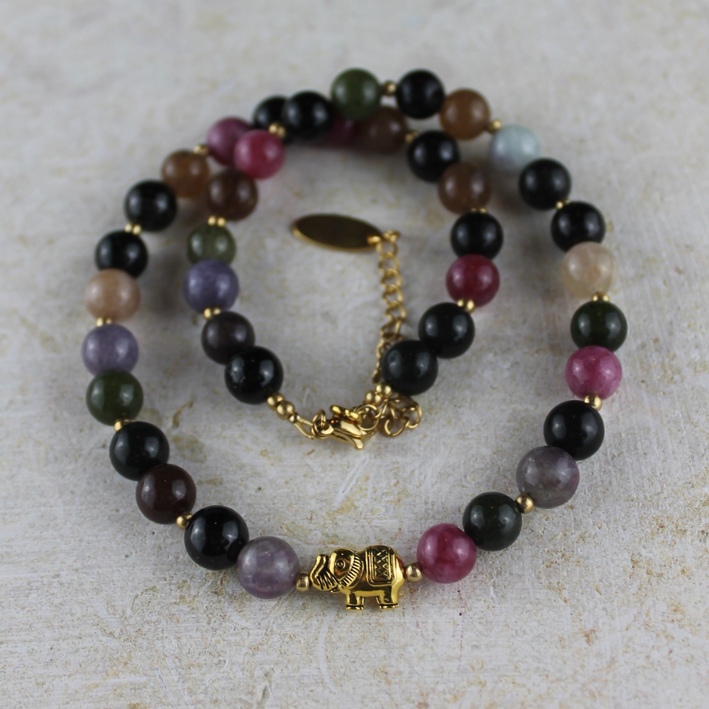 Turmalin Edelsteinkette mit Elefant goldfarben
