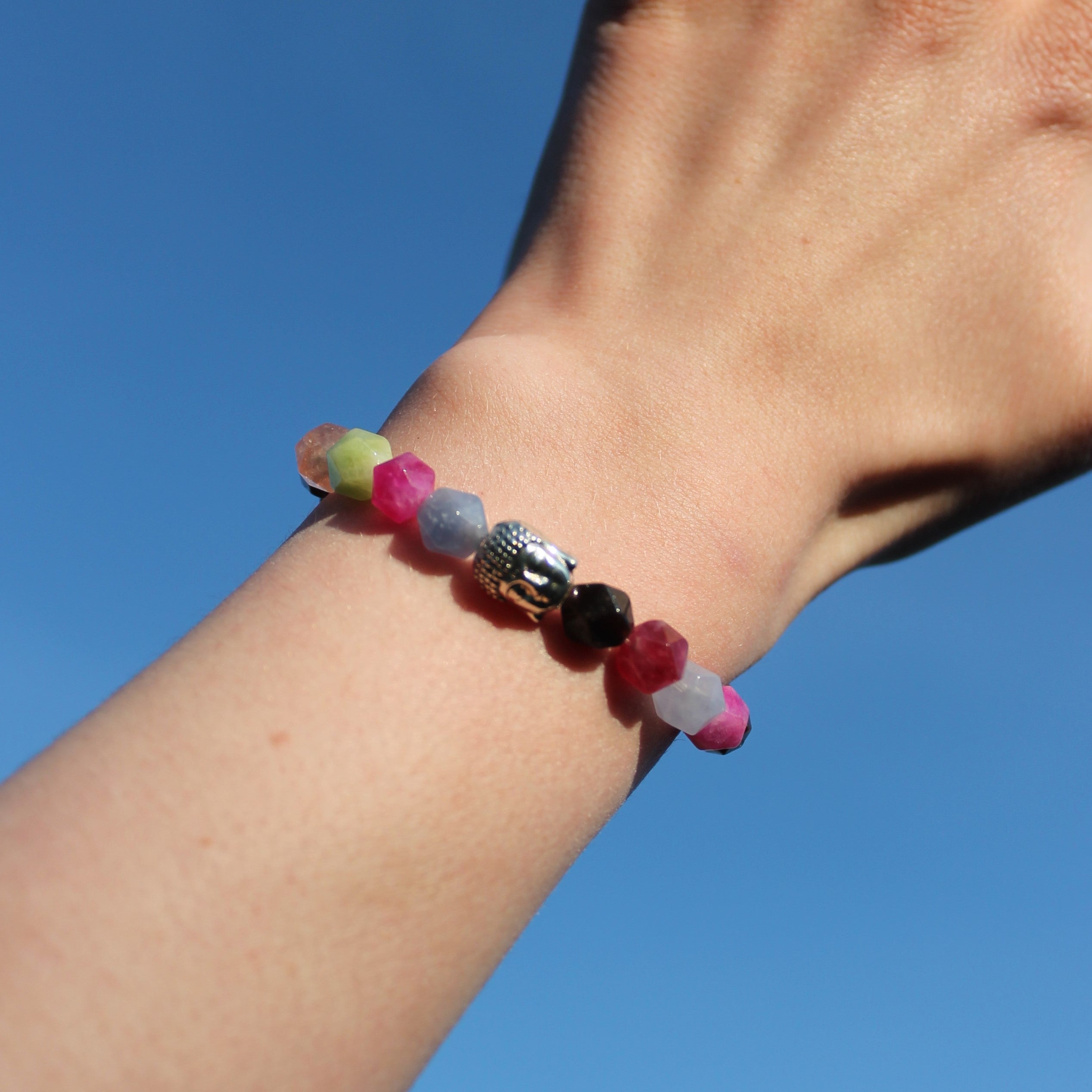 Turmalin facettiert Edelsteinarmband mit Buddha silberfarben