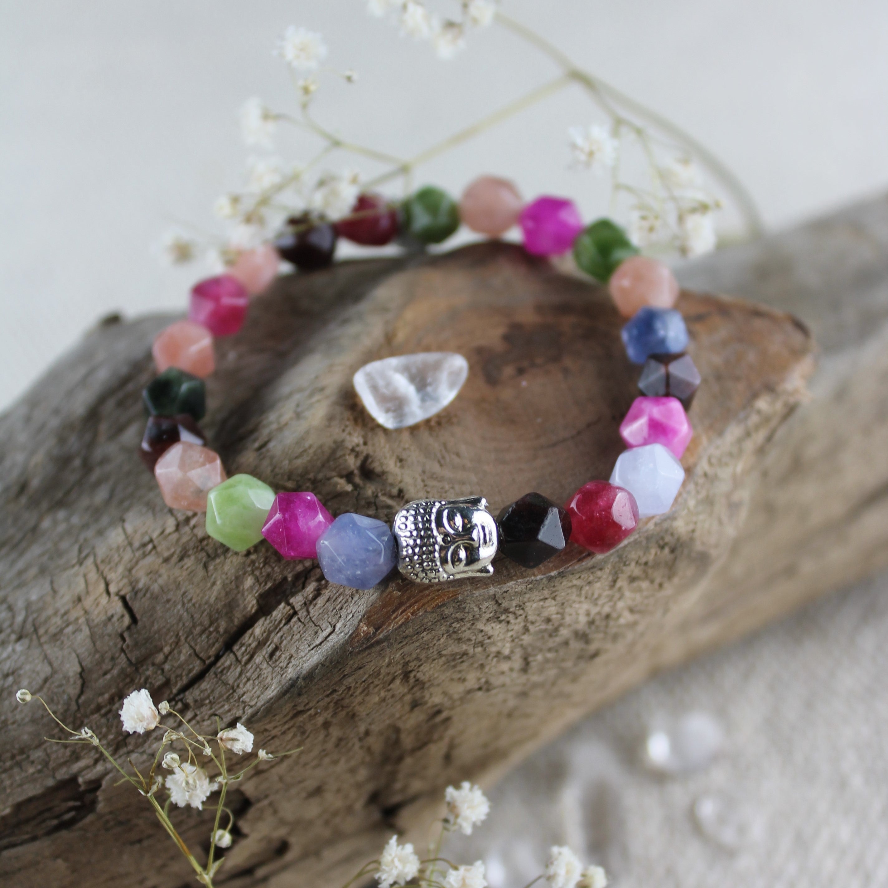 Turmalin facettiert Edelsteinarmband mit Buddha silberfarben