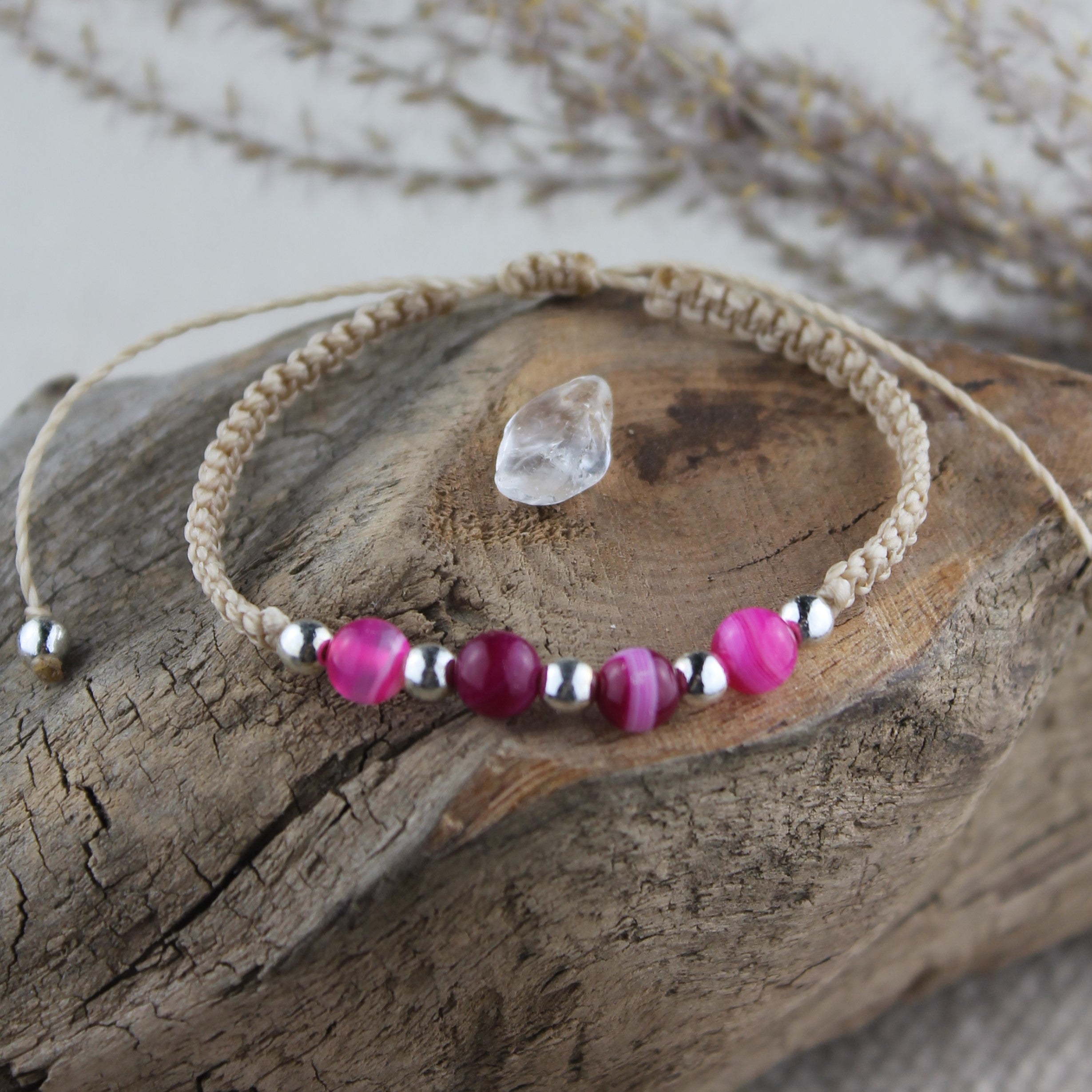 MEDEA Achat pink Edelsteinarmband Makramee personalisiert gold- oder silberfarben