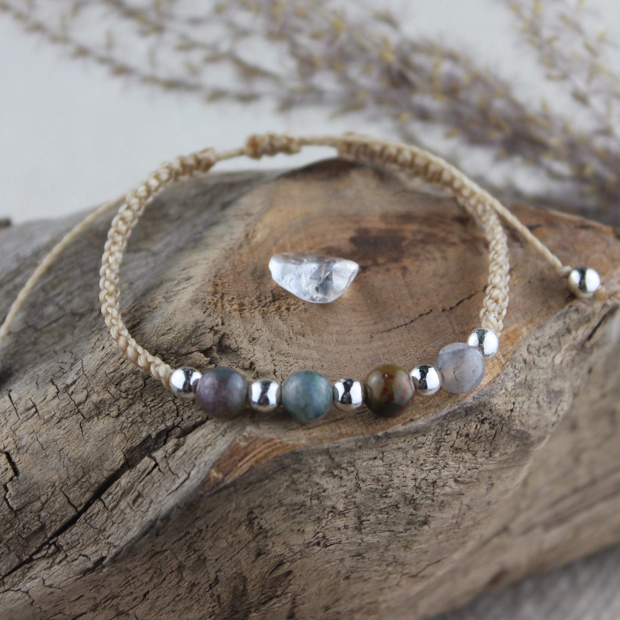 MEDEA Moosachat Edelsteinarmband Makramee personalisiert gold- oder silberfarben