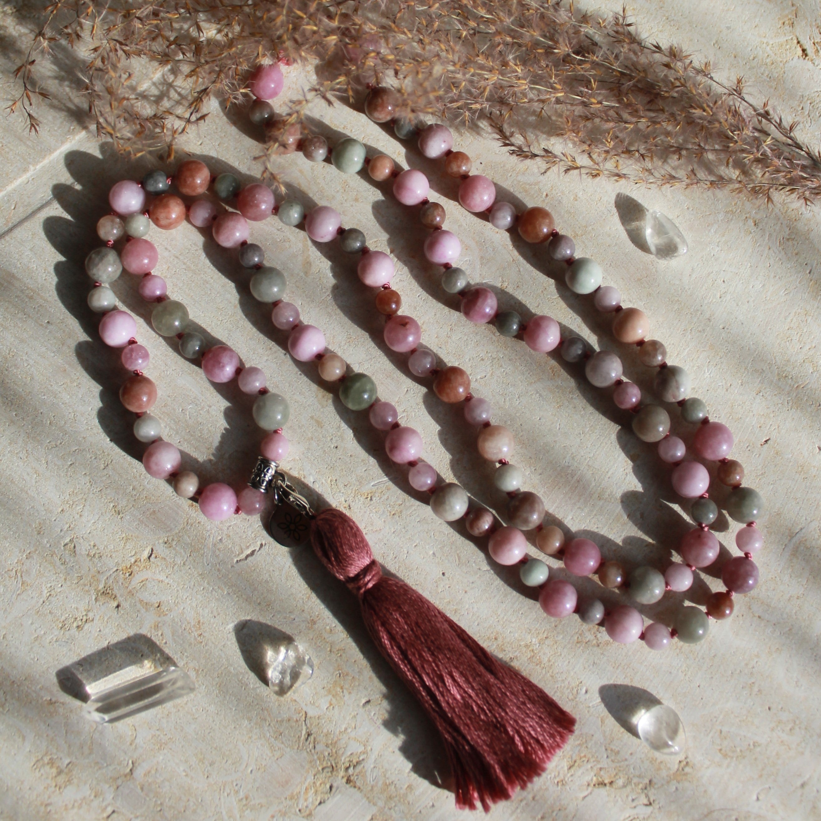 Rosa Jade Mala silberfarben