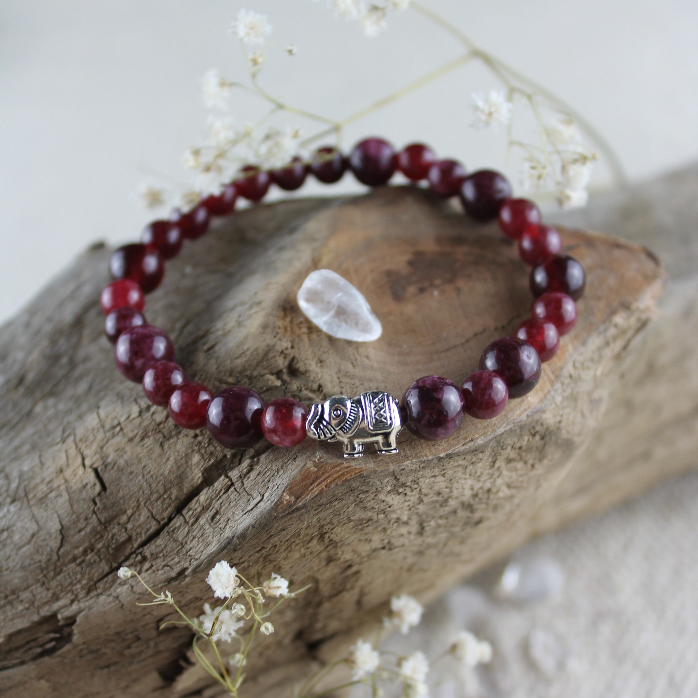 Granat Edelsteinarmband mit Elefant gold- oder silberfarben