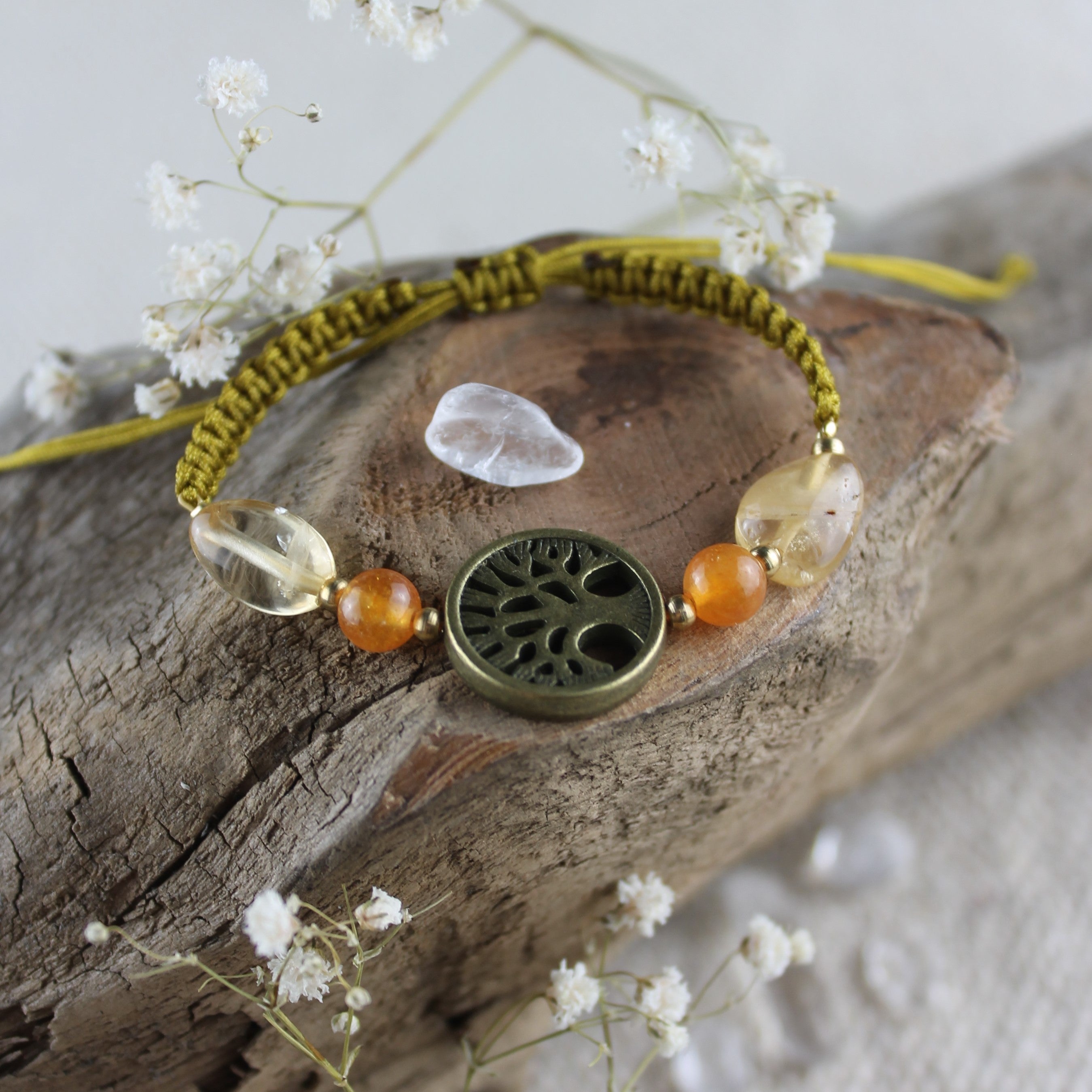 Carneol Citrin Edelsteinarmband Makramee mit Lebensbaum goldfarben