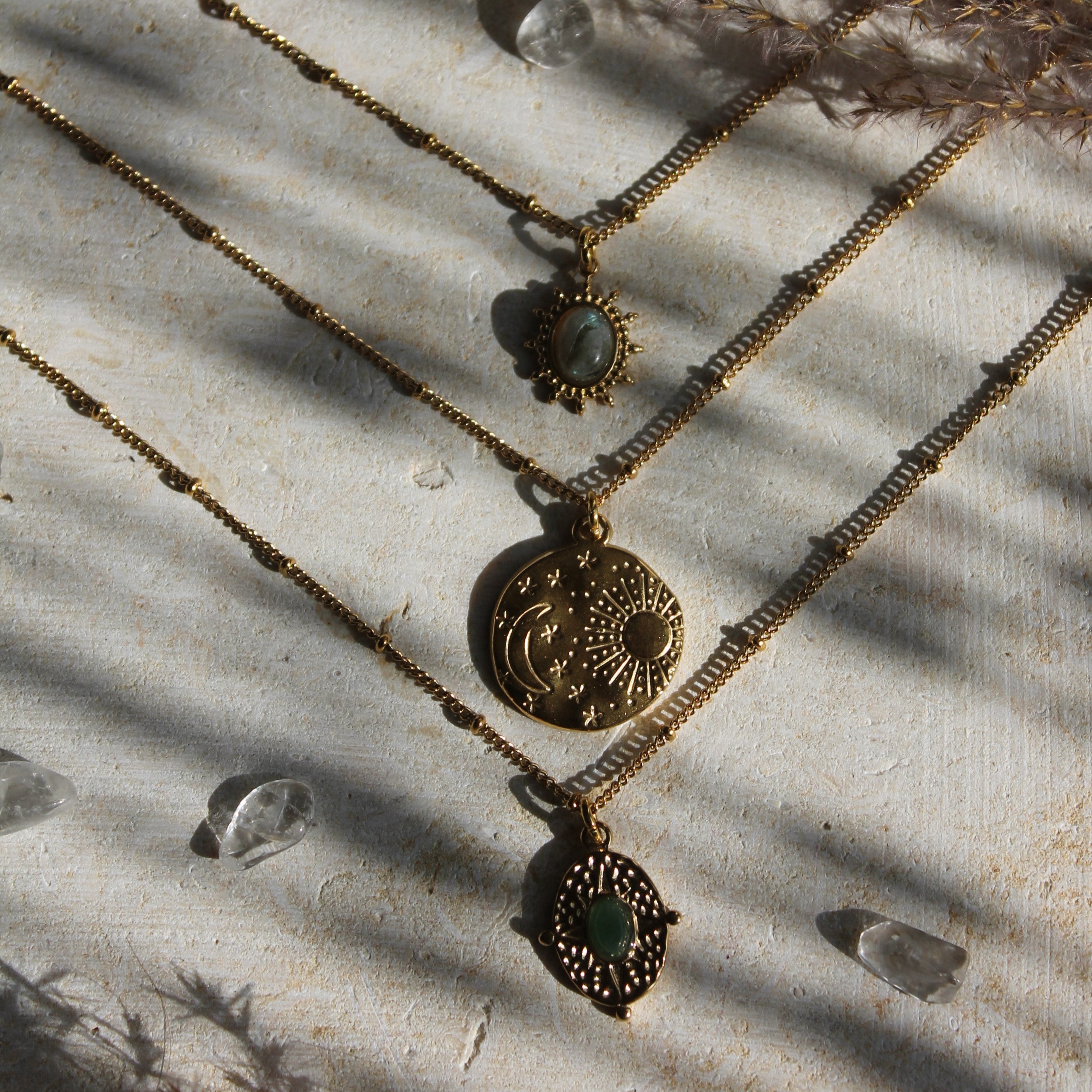Sonne Mond & Sterne Anhänger Kette goldfarben