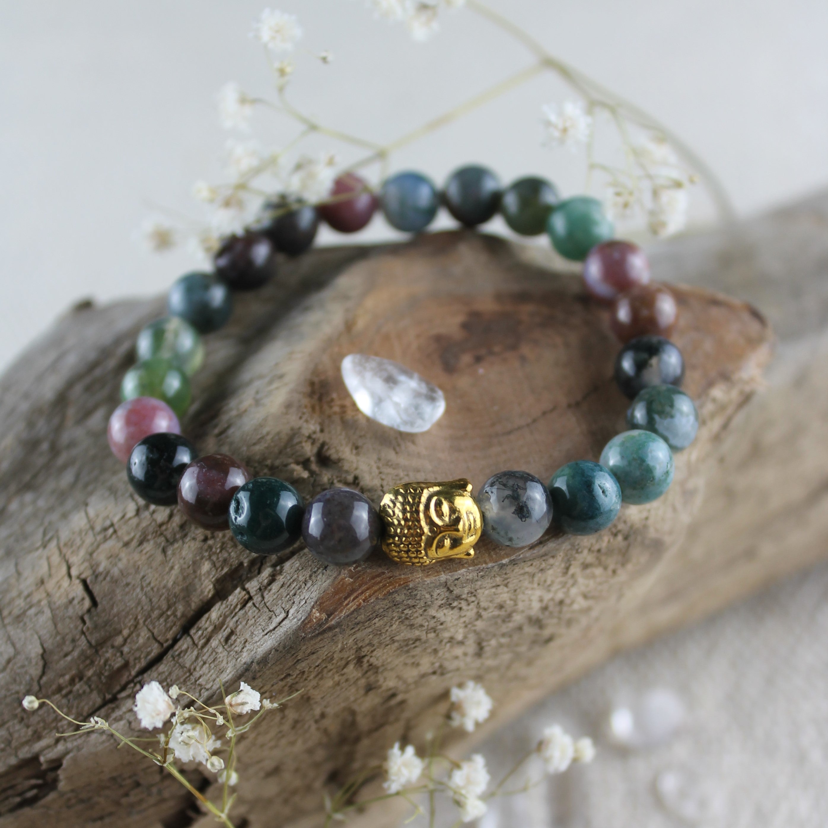 Moosachat Edelsteinarmband mit Buddha goldfarben