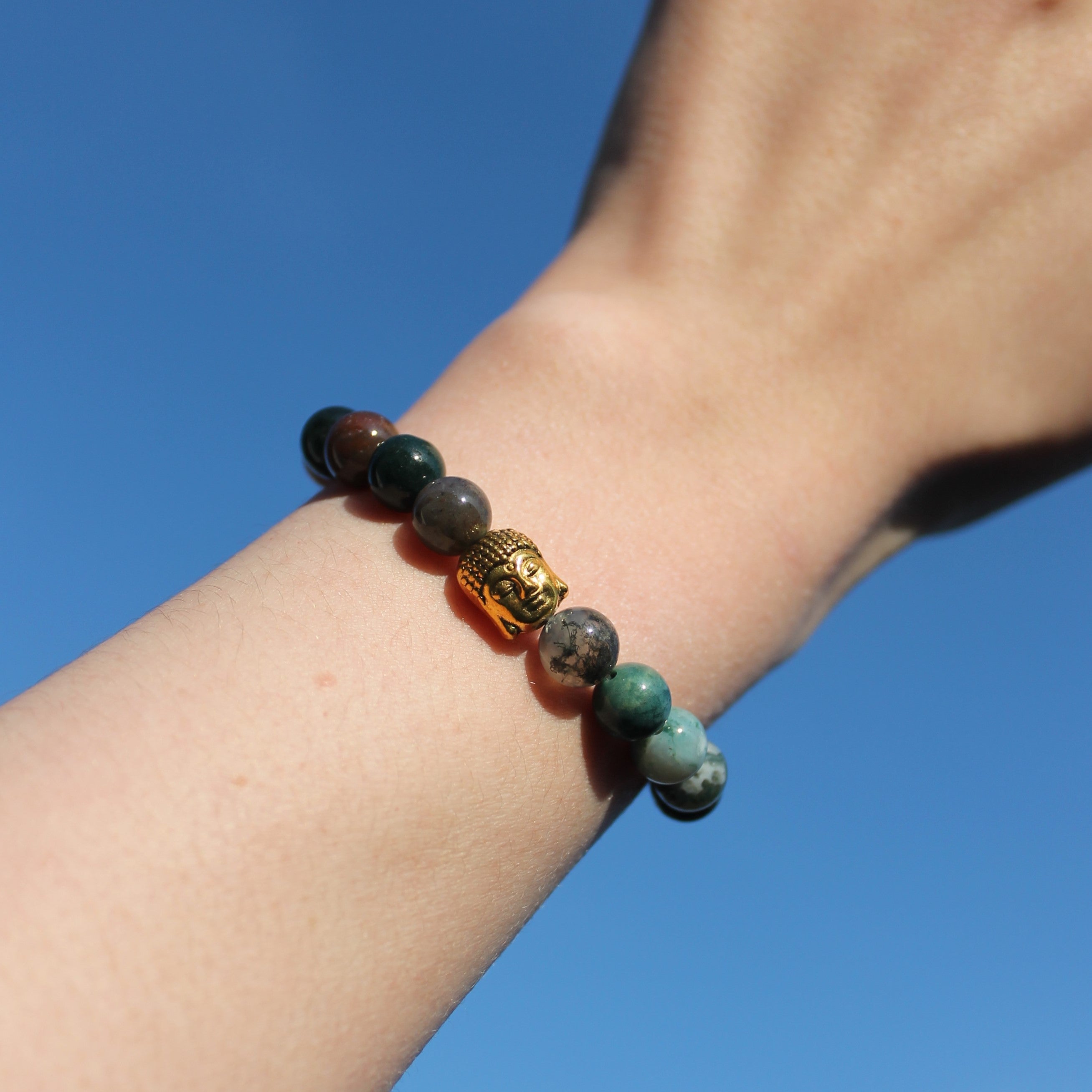 Moosachat Edelsteinarmband mit Buddha goldfarben