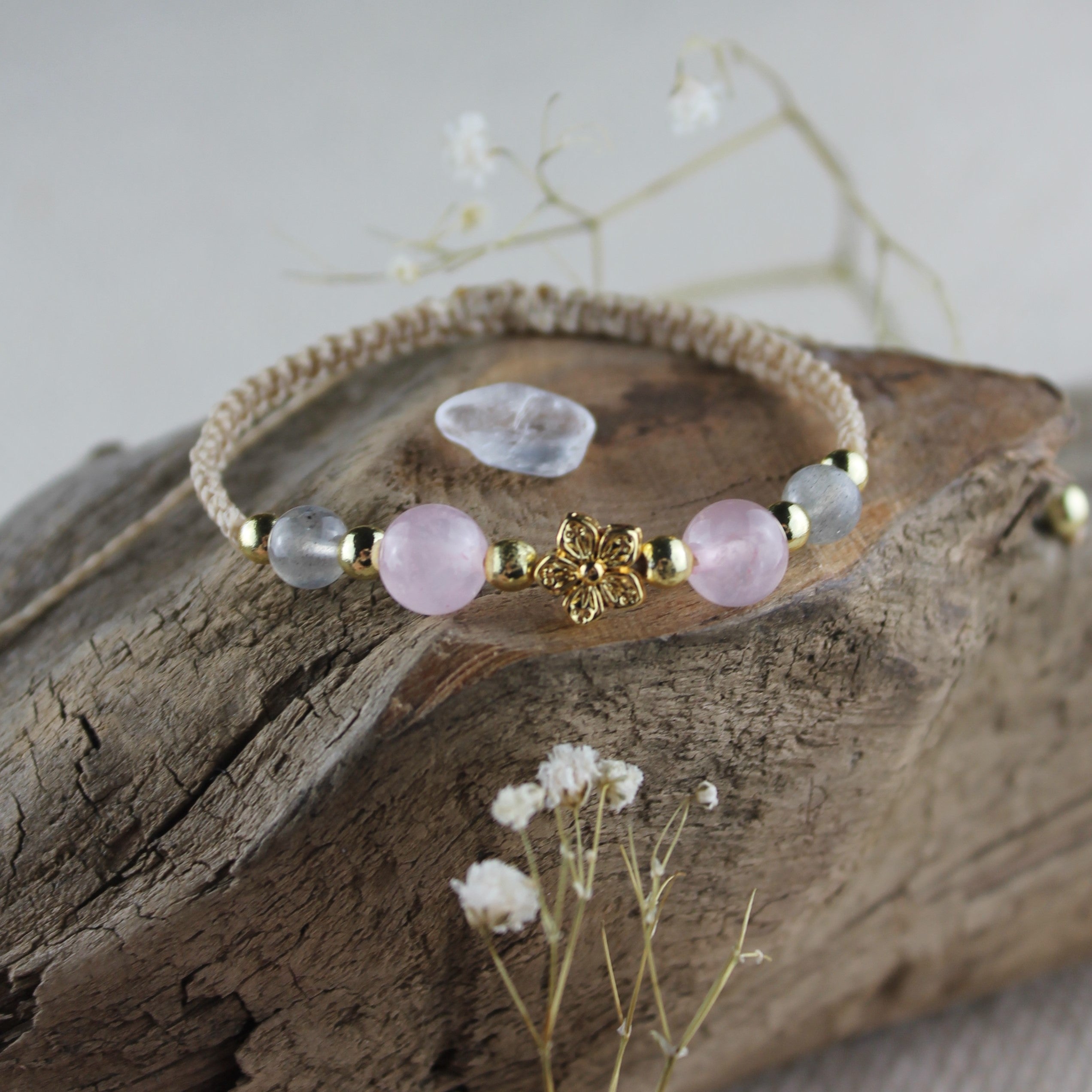 Personalisiertes Armband zum Muttertag Rosenquarz Labradorit goldfarben