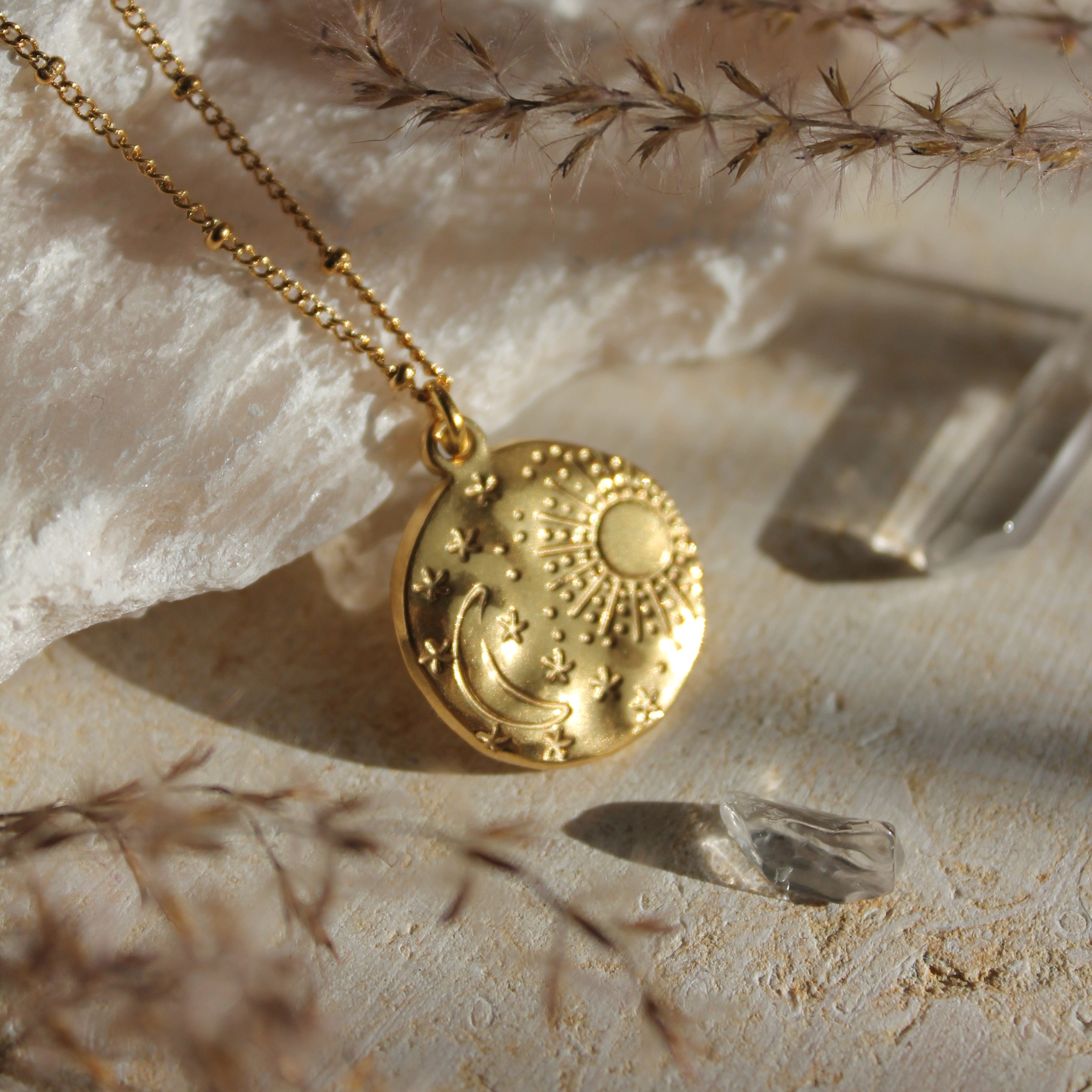 Sonne Mond & Sterne Anhänger Kette goldfarben