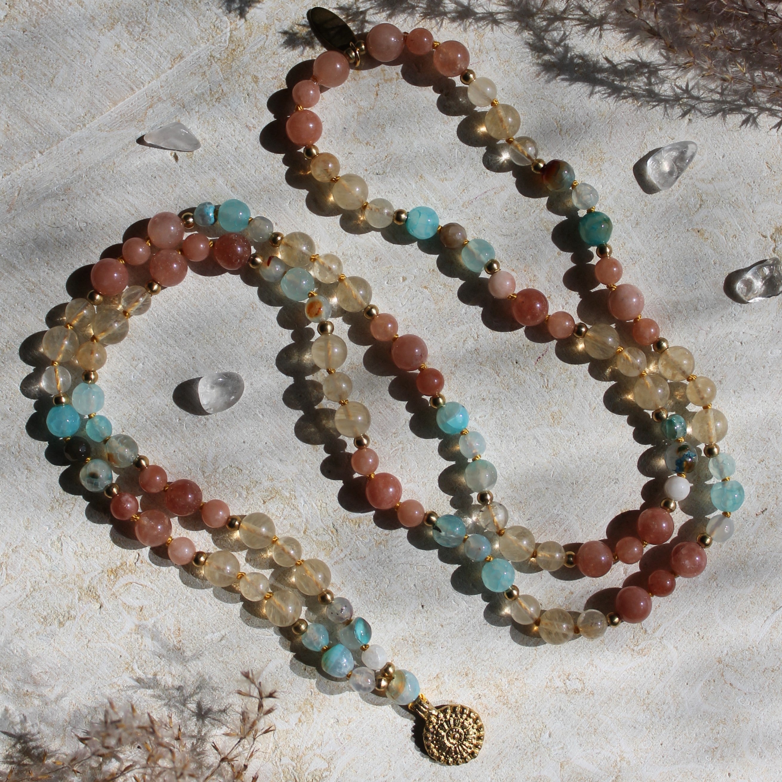 Achat, Citrin, Sonnenstein Mala goldfarben