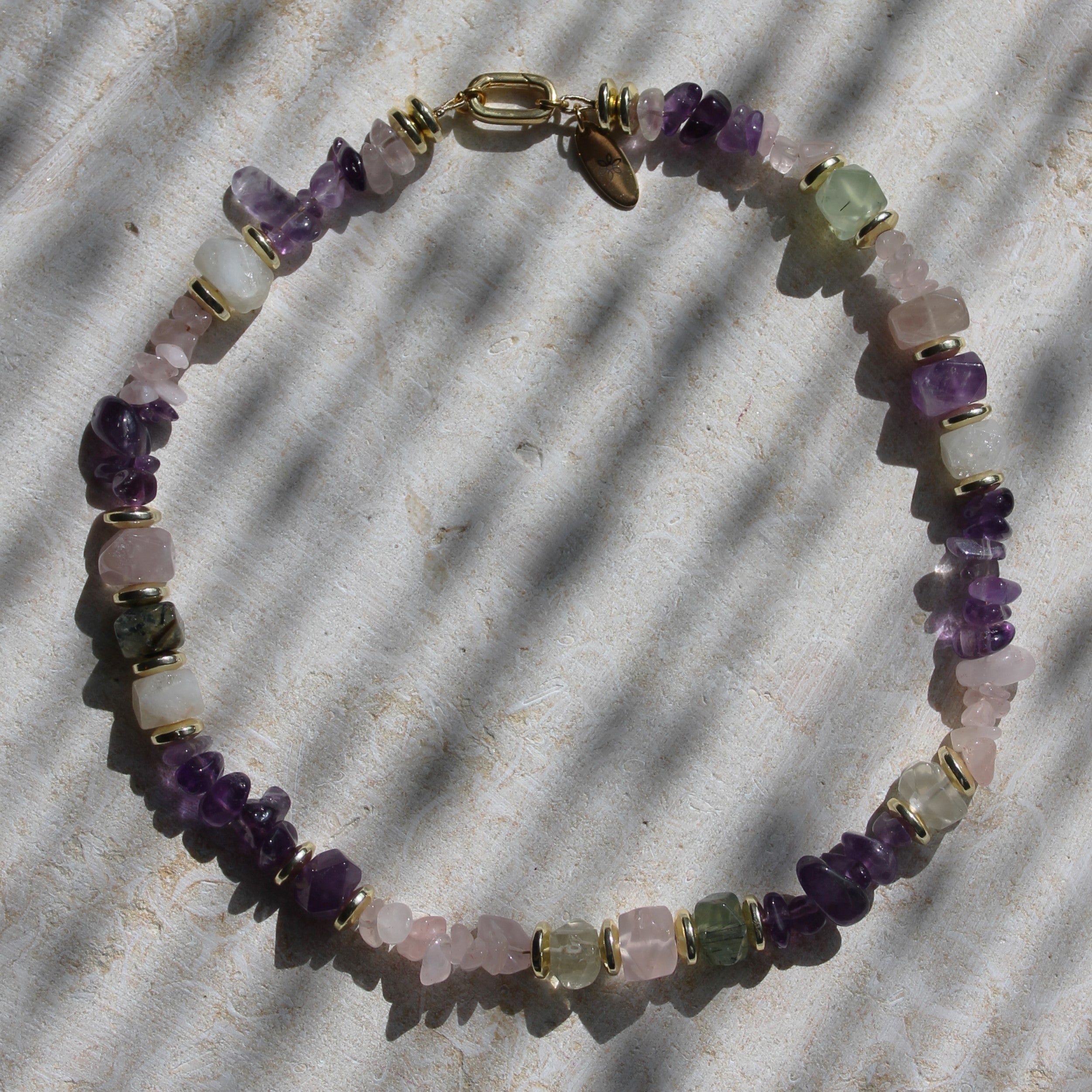 Amethyst Citrin Olivin Rosenquarz Choker Kette Hämatit goldfarben