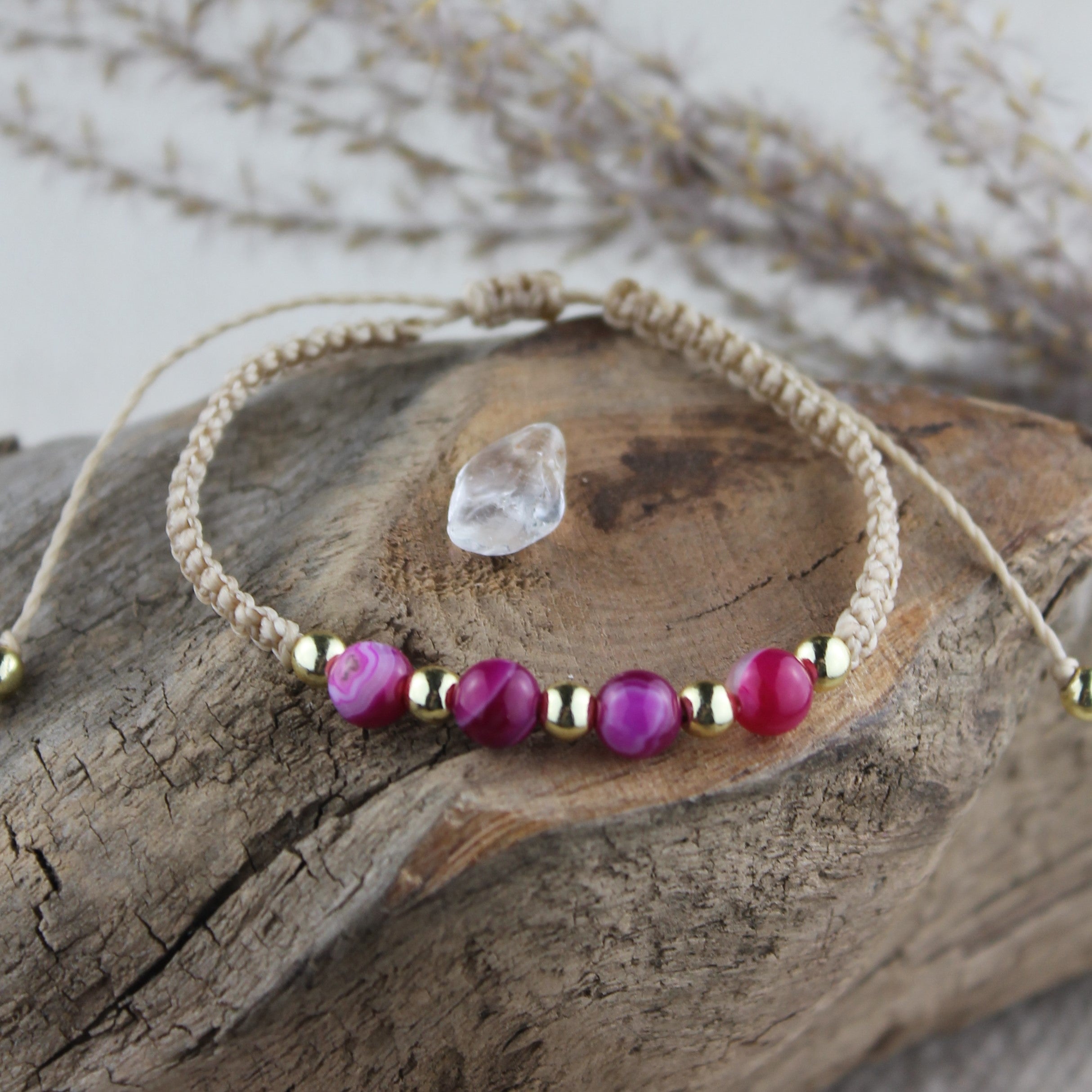 MEDEA Achat pink Edelsteinarmband Makramee personalisiert gold- oder silberfarben