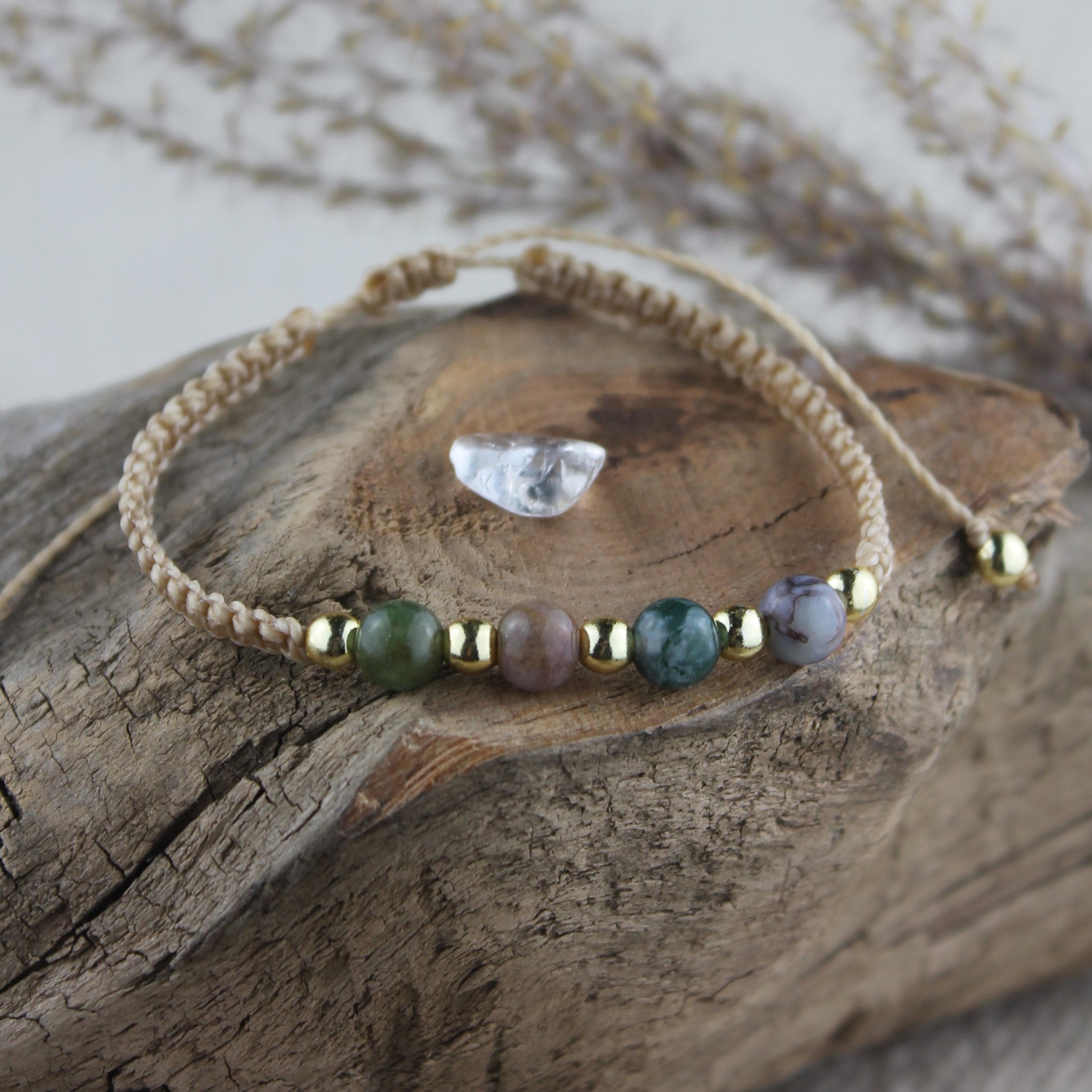 MEDEA Moosachat Edelsteinarmband Makramee personalisiert gold- oder silberfarben