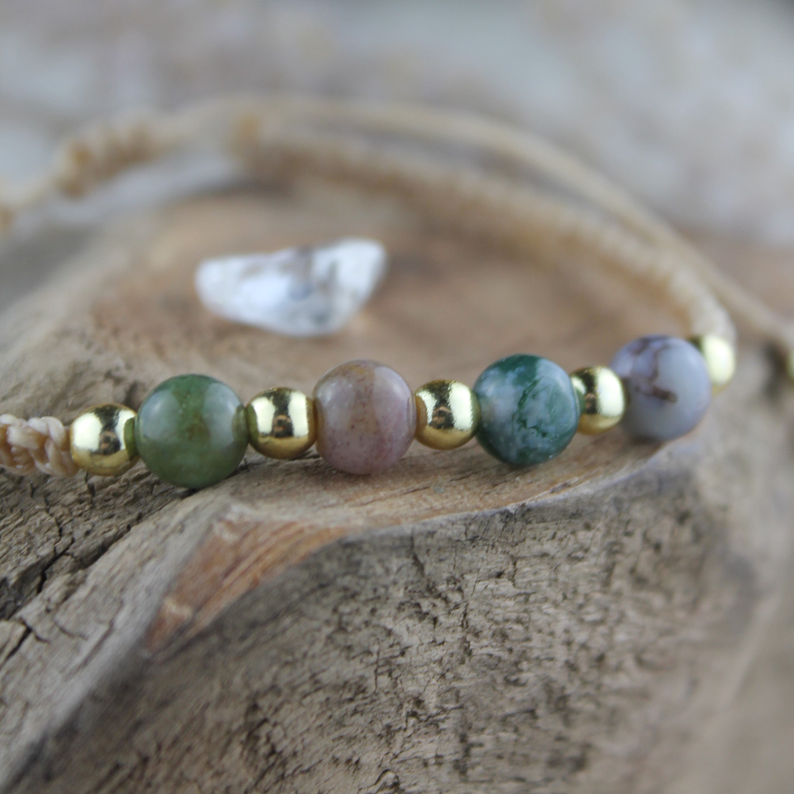 MEDEA Moosachat Edelsteinarmband Makramee personalisiert gold- oder silberfarben