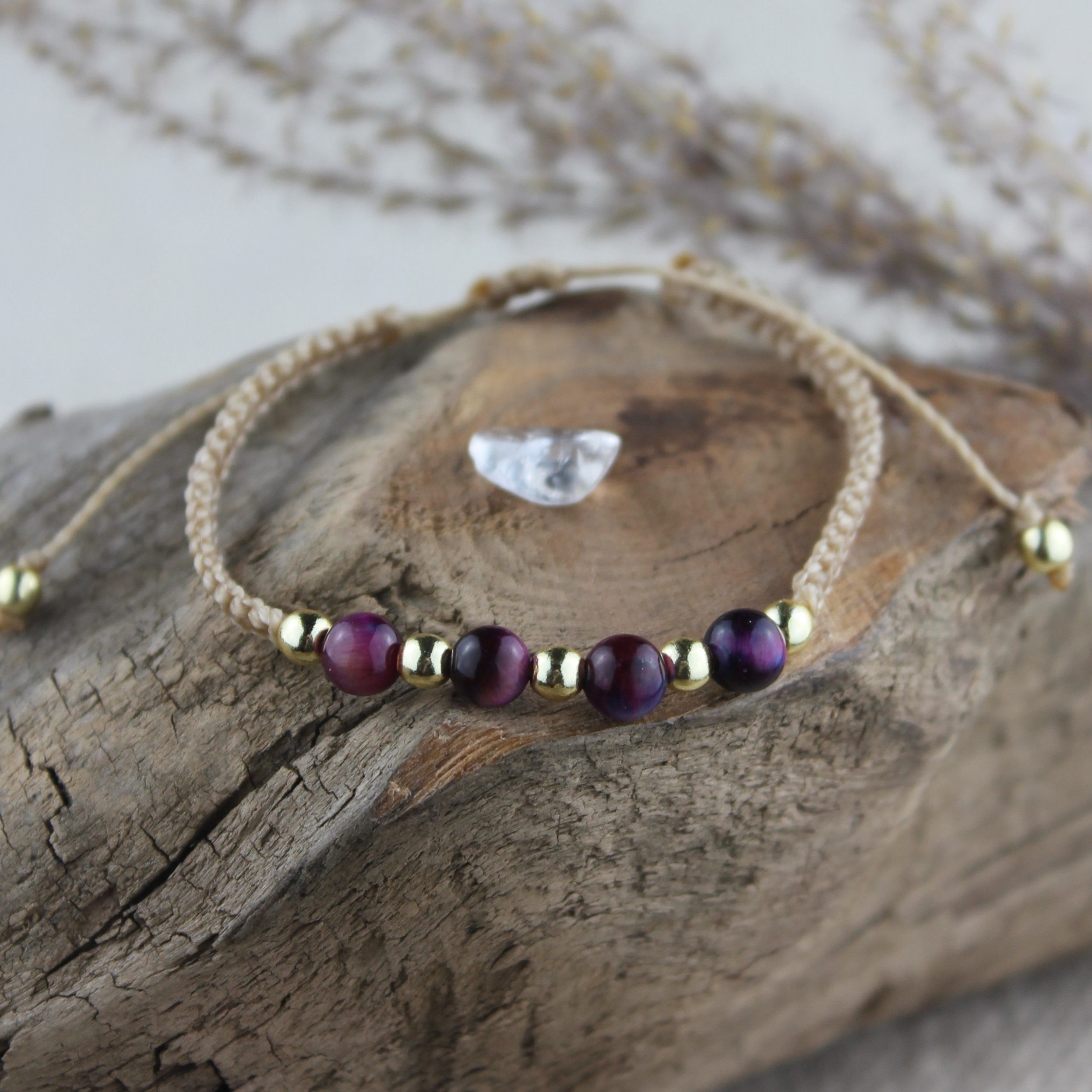 MEDEA Tigerauge lila Edelsteinarmband Makramee personalisiert gold- oder silberfarben